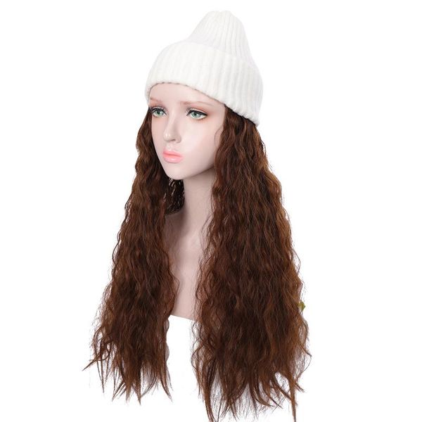 

beanie/skull caps 22 inches long water ripple curls hair synthetic wig with hat white female heat resistant, Blue;gray