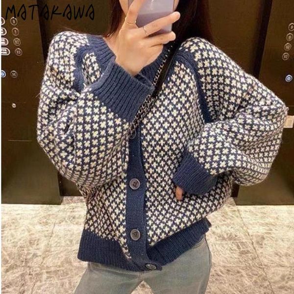 

women's knits & tees matakawa knitted cardigan autumn korean fashion round neck long sleeve single breasted sweaters contrast color sue, White