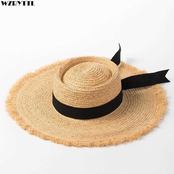 

natural raffia hats women girl summer wide brim beach hat black band ribbon straw hat lady derby panama sun visor cap 210531, Blue;gray