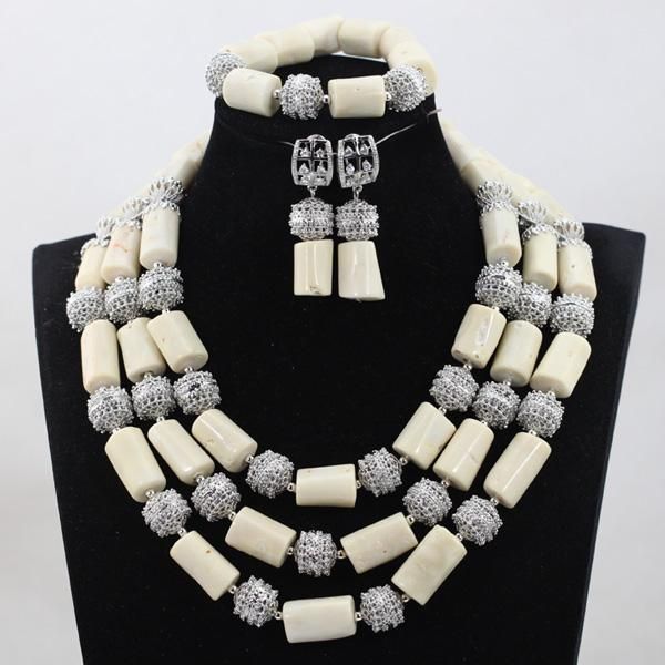 

earrings & necklace women beads jewelry set fashion white coral sets 3 rows nigerian african wedding bridal abh293, Silver