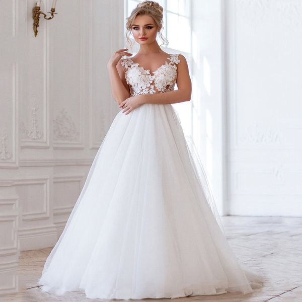 2021 um vestido de noiva de tule em v ver através de apliques laço sem mangas backless vestidos de noiva vestes de mariées