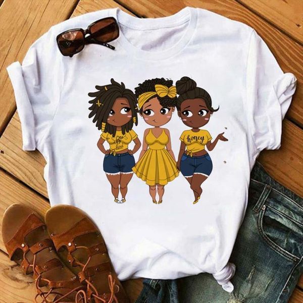 

harajuku black african curly hair women girls cartoon graphic print female t shirt cute tee friends shirts, White