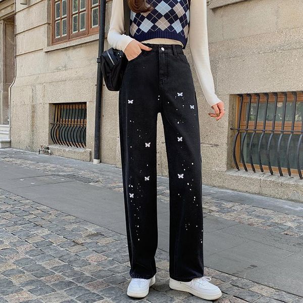 

women's jeans spring women vintage washed cartoon butterfly embroidery casual trousers loose high waist straight, Blue