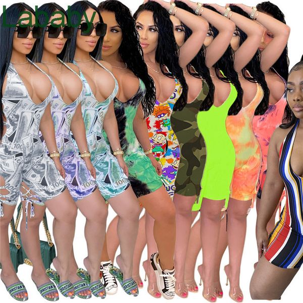 

women summer jumpsuits rompers nightclub dollar stripe tie dye overalls s-xl bodycon capris stretchy shorts sell clothing 2021, Black;white