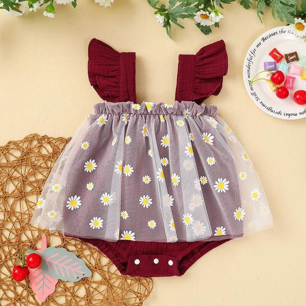 

rompers daisy chiffon decoration baby girl clothes summer flying sleeve square collar romper bodysuit clothing infant born costume, Blue