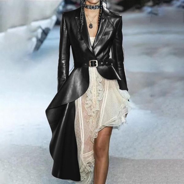 

women's leather & faux 2021 fashion autumn pu ladies jacket coat lapel long sleeve irregular belt hem ruffled #t2g, Black