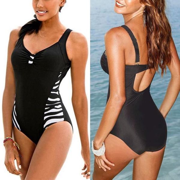 

women's swimwear women 2021 summer ladies plain print swimsuit v neck striped patchwork one piece pad bathing suit lady beachwear, White;black