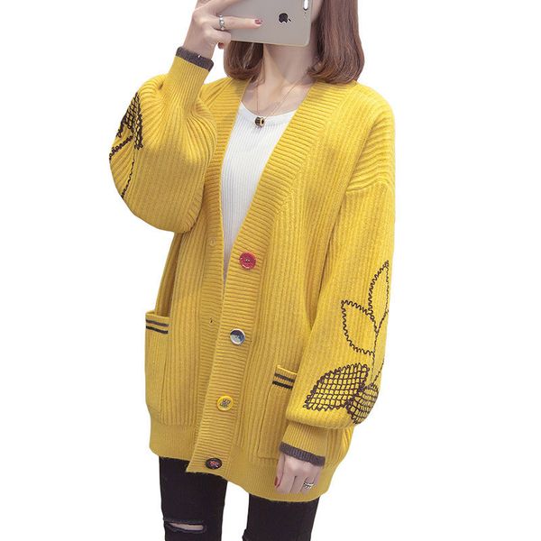 

2021 new autumn winter women's cardigans fashion v-neck single-breasted embroidery sweater coat female knitted y478 07p0, White;black