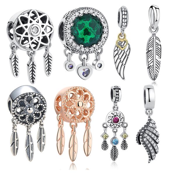 Katı Gerçek 925 Ayar Gümüş Dreamcatcher Tüy Charm Kristal Boncuk ile Fit Orijinal Bilezik Kolye DIY Takı Q0531