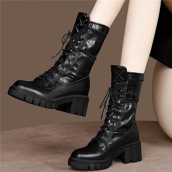 

boots platform pumps shoes women lace up genuine leather chunky high heels motorcycle female round toe punk creepers, Black