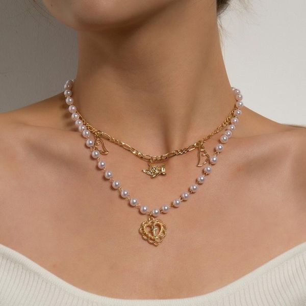 

pendant necklaces fashion elegant imitation pearls angel heart cross necklace women vintage geometric chains clavicle jewelry, Silver