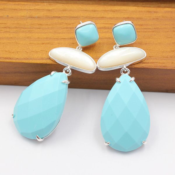 

guaiguai jewelry natural blue turquoises white shell 925 silver color dangle stud earrings handmade for women