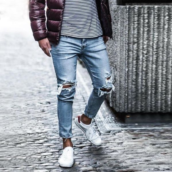 

men's jeans men ripped fashion brand skinny stretch pencil trousers pure color vintage style motorcyclist hip hop mens denim pants, Blue