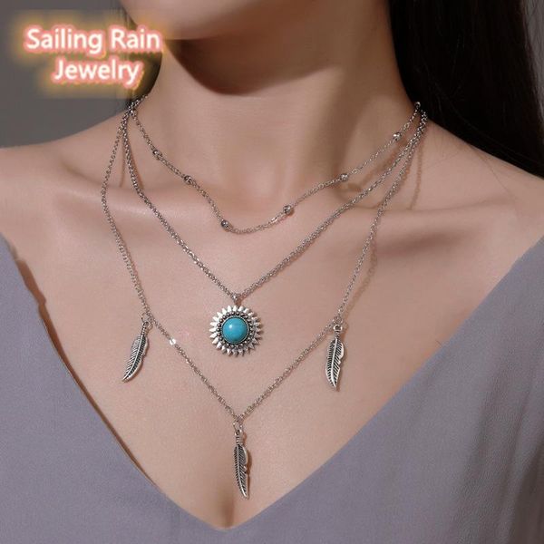 

sailing rain female multilayer 3 layers chokers necklace women girl couple necklace boho sunflower party jewelry gift, Golden;silver