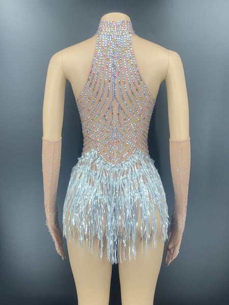 

women sparkly rhinestone fringe transparent tassel bodysuit women dance show leotard celebrate outfit prom bar birthday bodysuit, Black;red