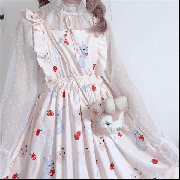 

womens dresses chic lady kawaii ulzzang strawberry rabbit cute strap dress female ins vintage harajuku dress for women casual, Black;gray