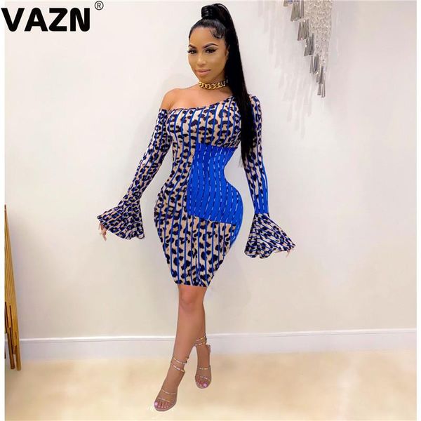

casual dresses vazn 2021 autumn style night club retro leopard one off shoulder full sleeve high waist women thin midi dress, Black;gray