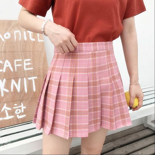 

pink new korean plaid skirt lady zipper high waist women pleated plaid skirt mini skirt large size harajuku skirts, Black