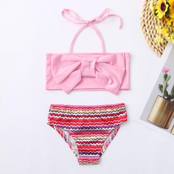 

one-pieces summer girls swimwear kids bowknot halter bikini rainbow stripe printed swimsuit two piece spaghetti strap swimming bathing suit, Black