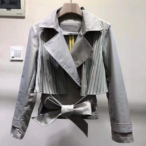 

women's jackets coat 2021 autumn jacket women turn-down collar pleated belt patchwork long sleeve casual black grey coats, Black;brown