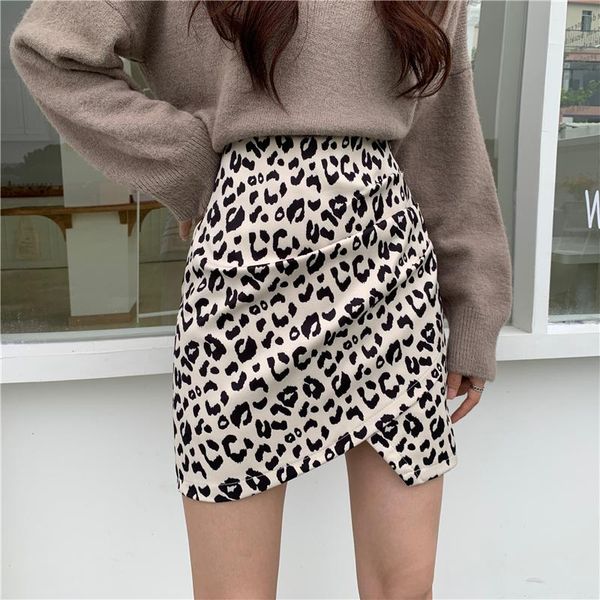 

autumn winter new high waist leopard skirts womens korean fashion clothing slim asymmetrical mini skirt streetwear hipster ins, Black