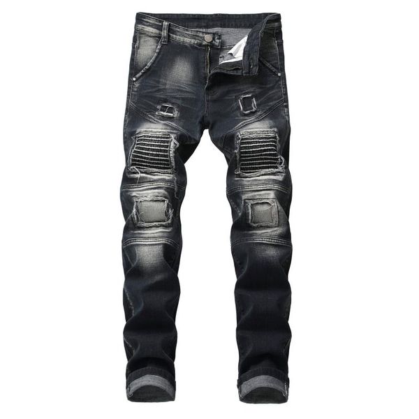 

plus size men's jeans skinny casual ripped hole patchwork pencil pants slim denim bandage trousers spring autumn streetwear punk, Blue