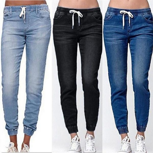 

women's jeans women solid fashion elastic waist straight pencil pants denim trousers causal clothing, Blue