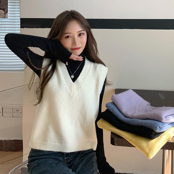 

women's vests ljsxls 2021 autumn winter vintage sleeveless v neck knitted vest sweater women solid pullovers ladies loose casual outwea, Black;white