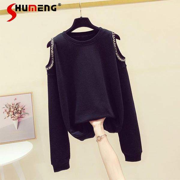 

women's hoodies & sweatshirts women fall 2021 diamond off shoulder long sleeve sweatershirt women's loose rhinestone round neck sud, Black