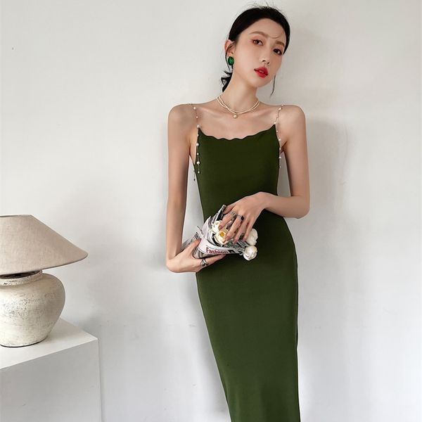 

casual dresses green tight knitted women backless bodycon pearl spaghetti strap cami tunic knee length ladies korean 1paf, Black;gray