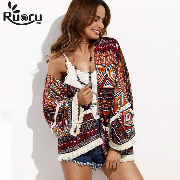 Ruoru New Sunscreen Roupas Mulheres de Verão Mulheres Cobrir tamanho grande Mulheres Blusa Camisa Top Boho Fringe Kimono Beach Cabo 210225