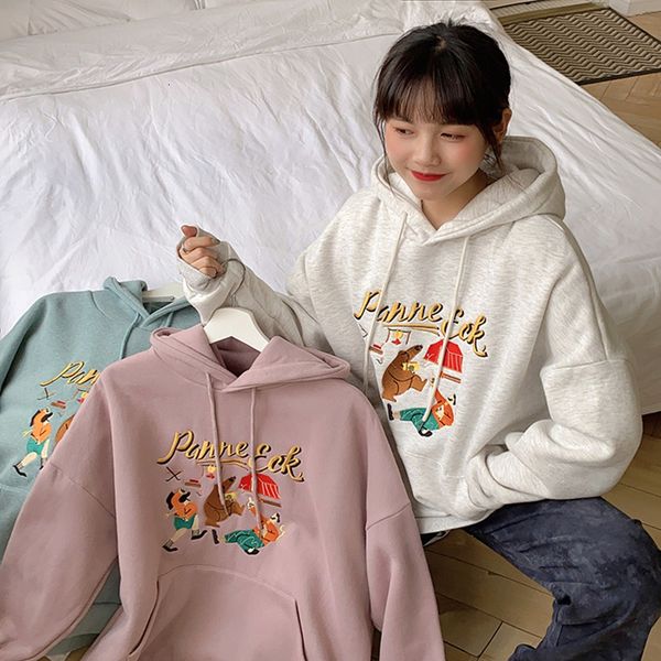 

2021 new 3 colors autumn and winter embroidery loose plus veet preppy style thick hoodies womens warm sweatshirts (f4124) t5ib, Black