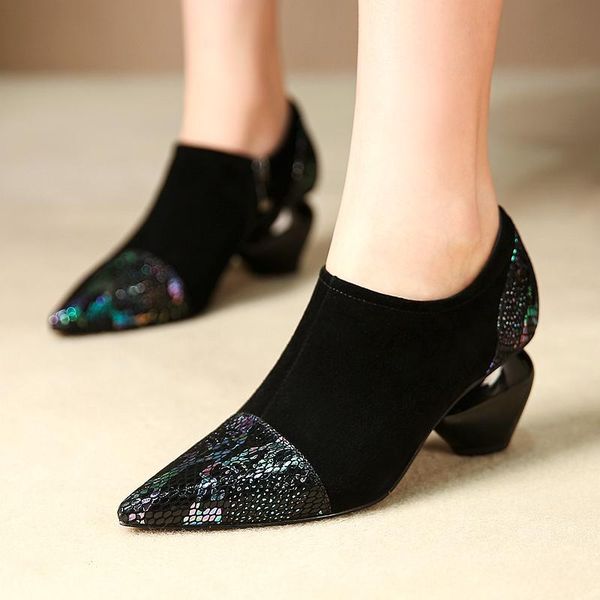

dress shoes ins women colored sheepskin +sheep suede plus size 22.5-26 cm length pumps pointed toe high heel ladies, Black