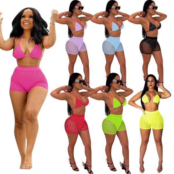 

women swimwear summer sport short net yarn sequins splicing backless elastic bodycon suspender pants suit zhs, White;black