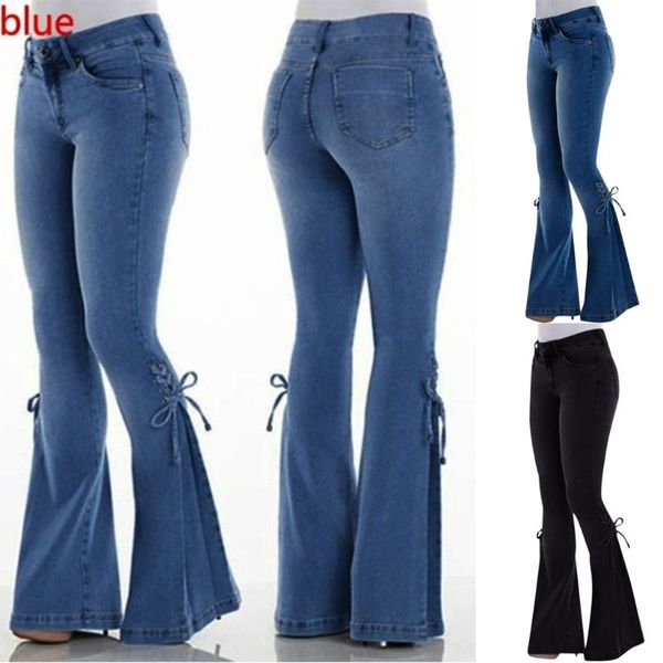 

women's jeans 2021 summer women fashion elastic plus loose denim bow pockets casual boot cut pant softener jean femme #25, Blue