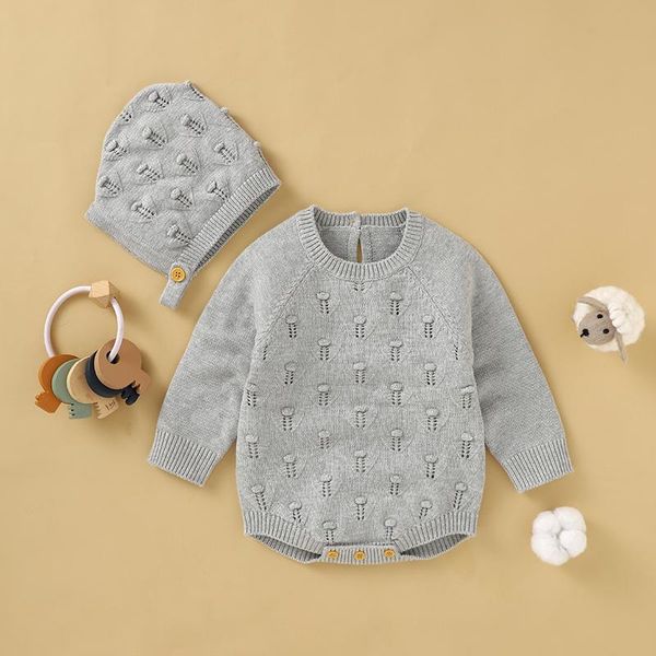 

rompers infant baby bodysuit long sleeve autumn born girls jumpsuit solid knit toddler boys clothing hat fashion hollow out playsuit, Blue