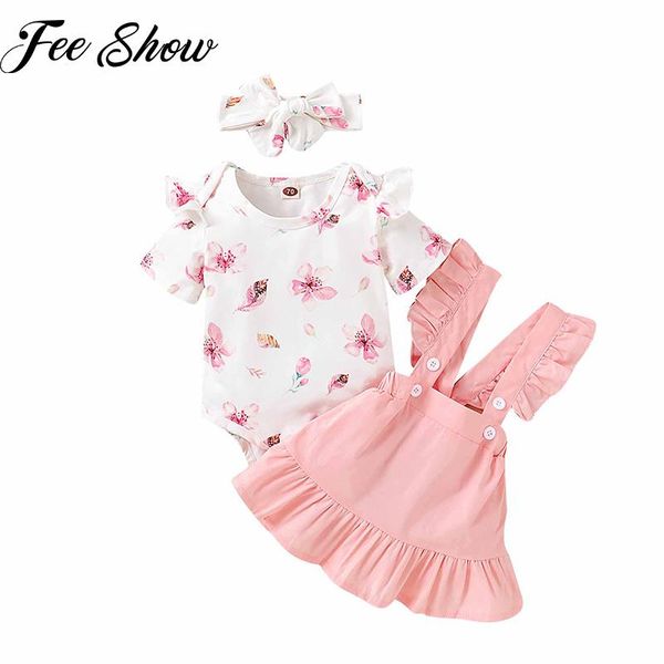 

newborn baby girl clothes set infant baby floral short sleeve romper jumpsuit solid suspender skirt and bow headband 3pcs outfit, White