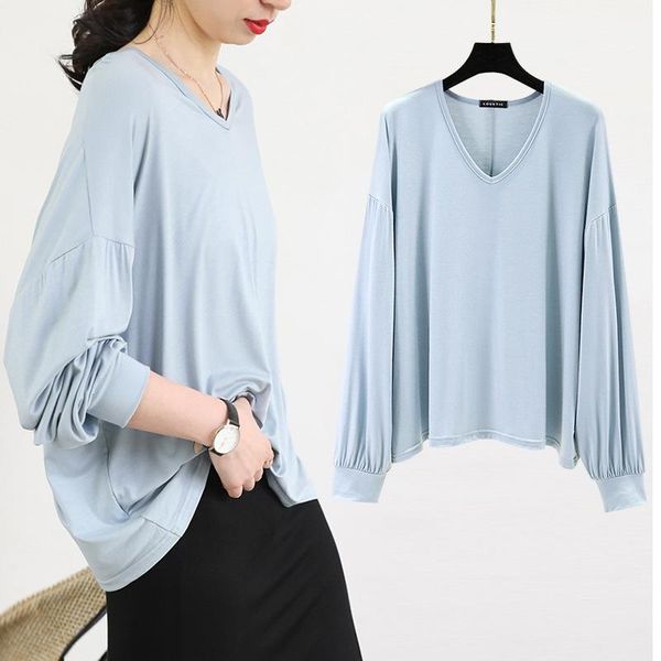 

women's t-shirt modal long-sleeved bottoming shirt spring and summer v-neck lantern sleeve casual wild loose thin, White