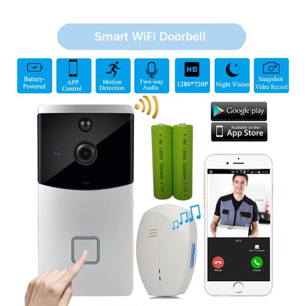 

smart home control wireless wifi video doorbell 720p hd camera door phone intercom two way audio night vision motion sensor battery