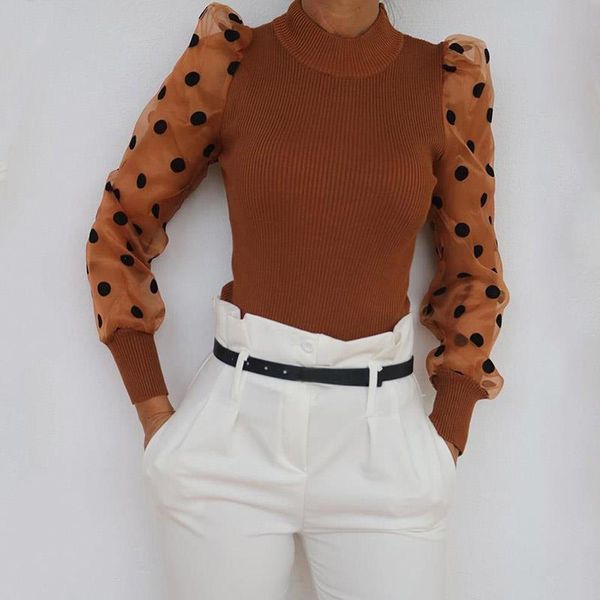 

women spring mesh puff long sleeve ribbed knitted shirt loose casual polka dots blouse elegant turtleneck streetwear, White