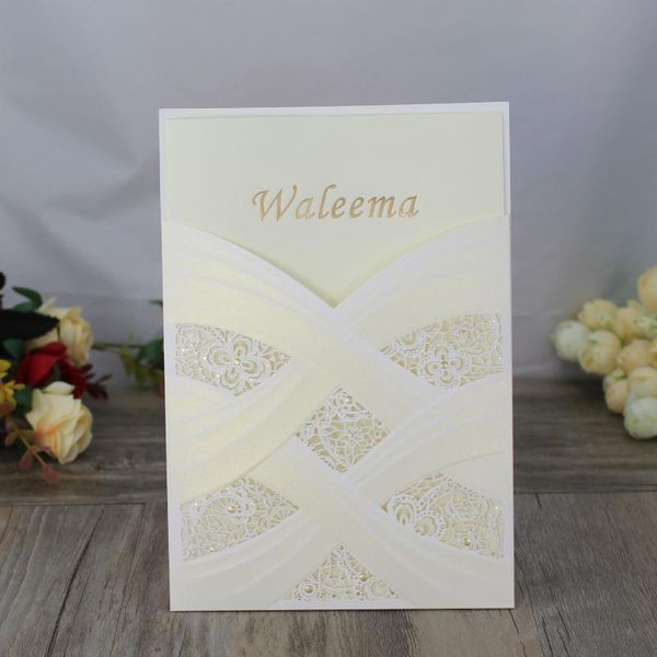 

100pcs blank white red laser cut wedding invitation card with pocket paper birthday invitations with custom printing envelope