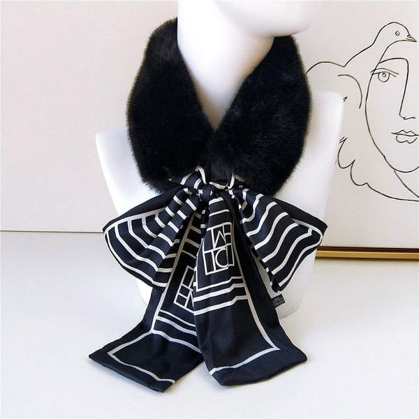 

scarves 2021 elegant winter warm faux fur collar scarf shawl wrap women black long skinny twill silk headband scarfs for hair, Blue;gray