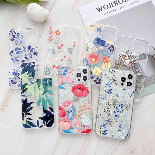 

iphone case with leaves and flowers, soft transparent back cover for iphone 11 12 pro max xr max 7 8 plus x 11 pro
