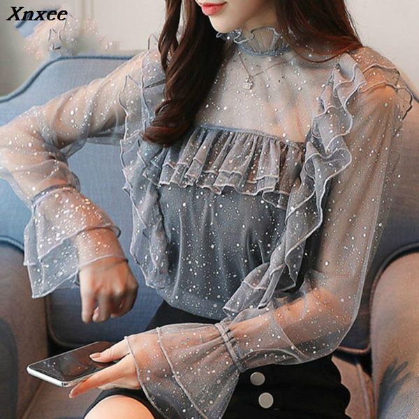 

women's blouses & shirts fashion women 2021 hollow lace blouse shirt long sleeve ladies blusa feminina xnxee, White