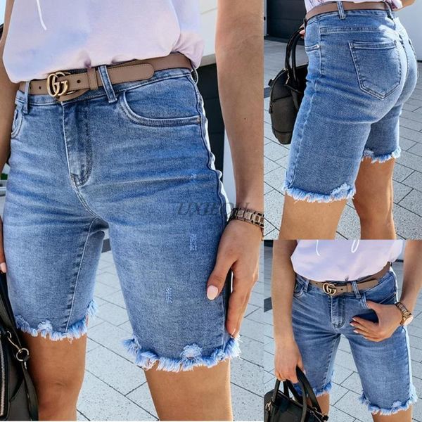 

women's jeans summer women denim ripped five-point pants wish fashion fringed 2021, Blue
