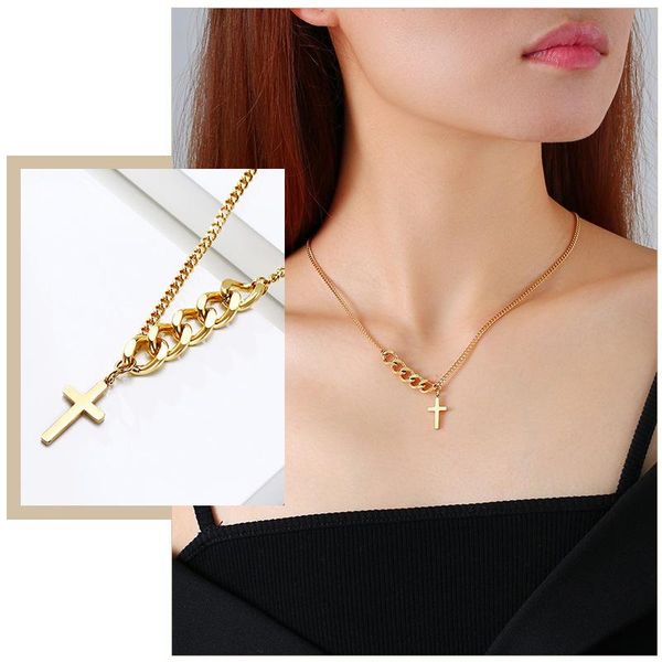 

chokers basic cross pendant necklaces for women,anti allergy stainless steel cuban link chain choker,minimalist lady gifts jewelry, Golden;silver
