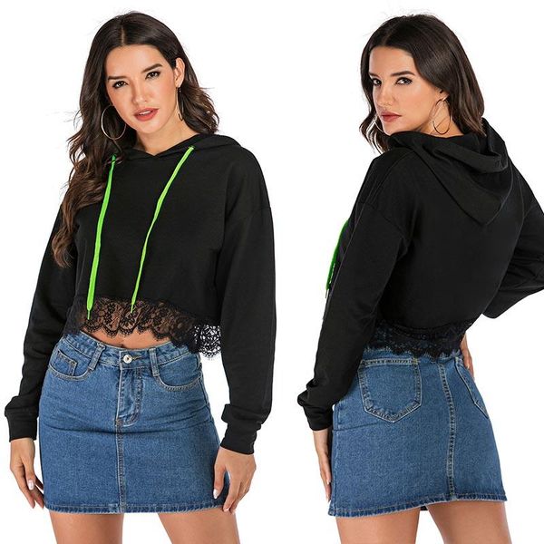 

women's hoodies & sweatshirts women sweatshirt lace long sleeve hooded pullover crop hoodie casual black
