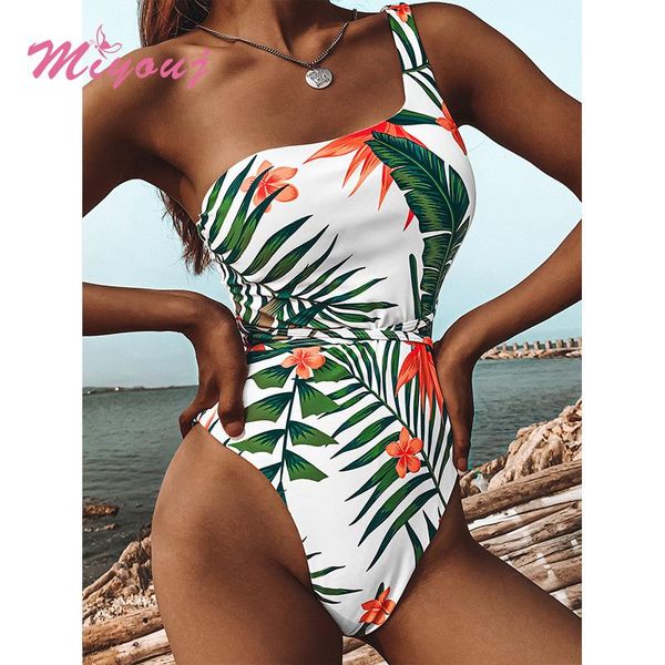

swimwear women summer bodysuit plant print swimsuit one shoulder beachwear 2021 high waist one piece suits bathing suit