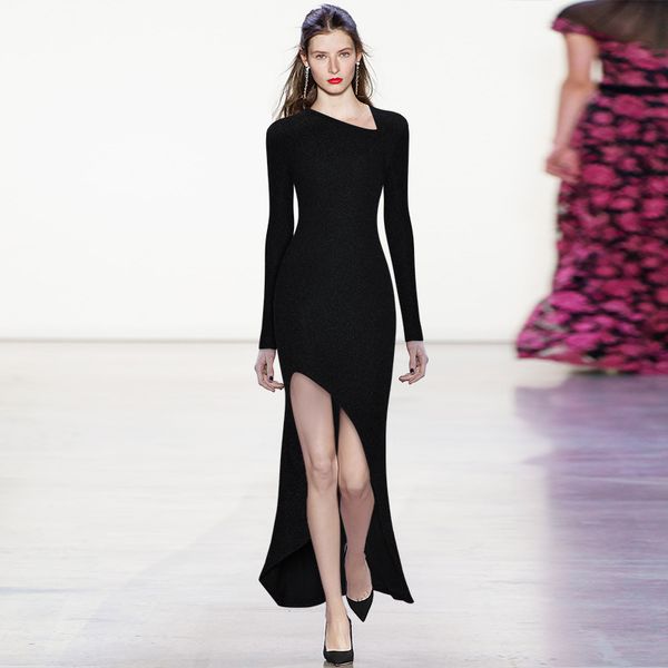 

irregular collar long sleeve elastic waist-tightening sheath split long evening dress fashion show dress 2021 autumn new, Black;gray
