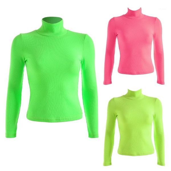 

women's sweaters women autumn long sleeve turtleneck sweater fluorescent neon solid color slim ribbed knitted basic jumper shirt, White;black